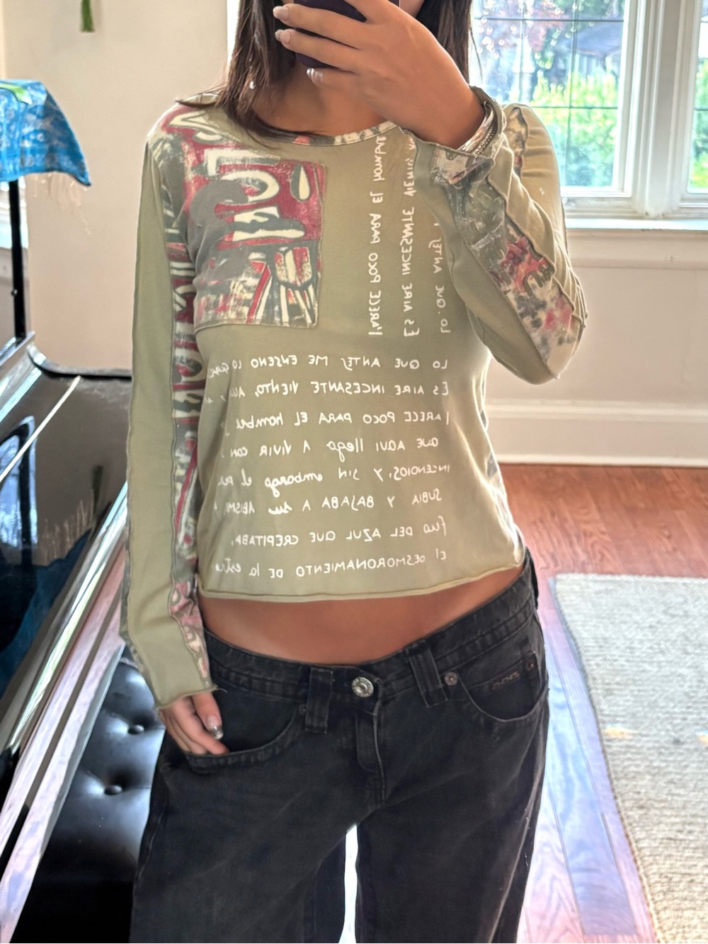 Vintage Cop Copine Pale Olive Green Graphic Long Top